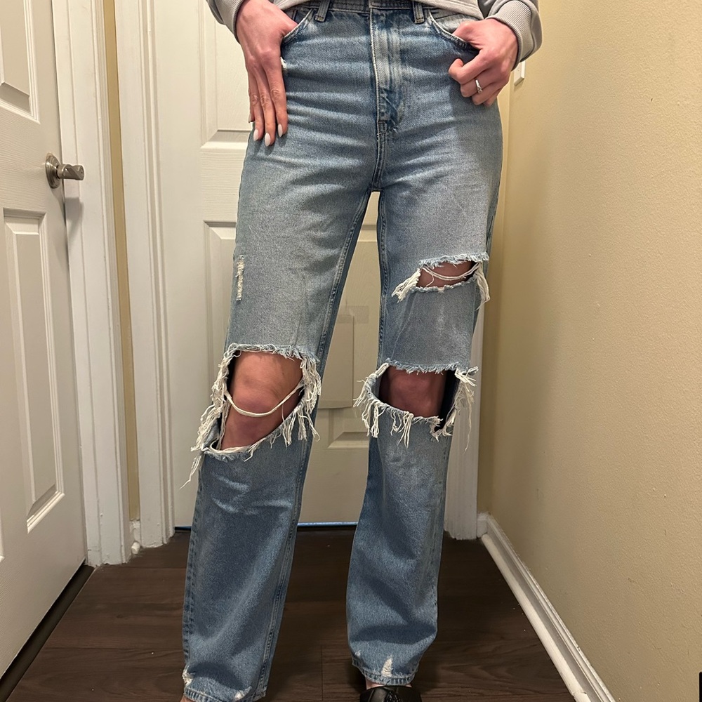 Zara Blue Straight Leg Jeans with Distressed Details